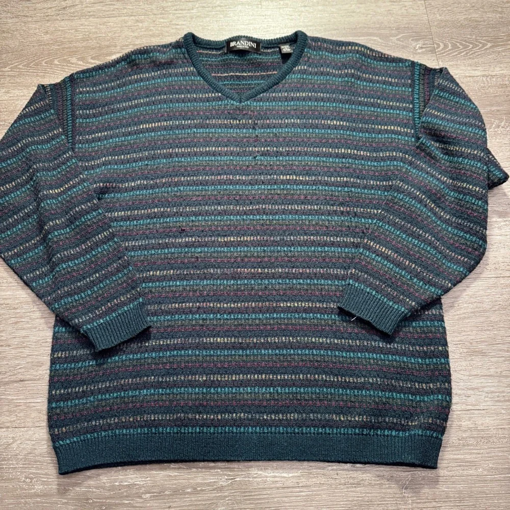 Brandini Sweater Mens XL Striped Wool Blend Made in Italy V Neck Retro Knit VTG
